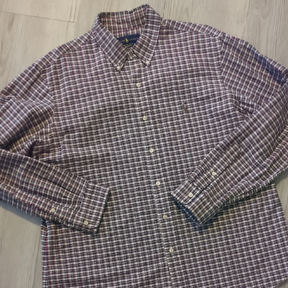Ralph Lauren XL Checkered Plaid Men's Shirt White Blue Maroon Button Up Shirt